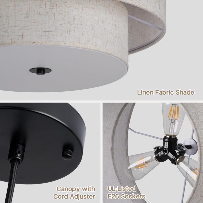 HILUXIA 18" Modern Double Drum Fabric Pendant Light, Large Hanging