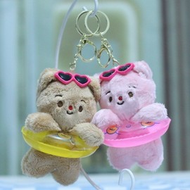 Cute Baby Bear Plush Keychain with Swimming Ring Free Size/11cm Pink 30ea