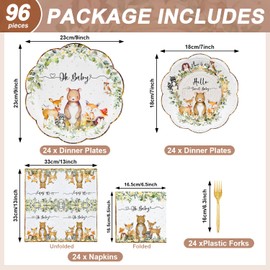 96 Pieces Oh Baby Woodland Baby Shower Tableware Set – Scalloped Forest Animal Disposable Dinnerware with Paper Plates, Napkins and Forks – Gender Neutral Baby Shower and Birthday Party for 24 Guests
