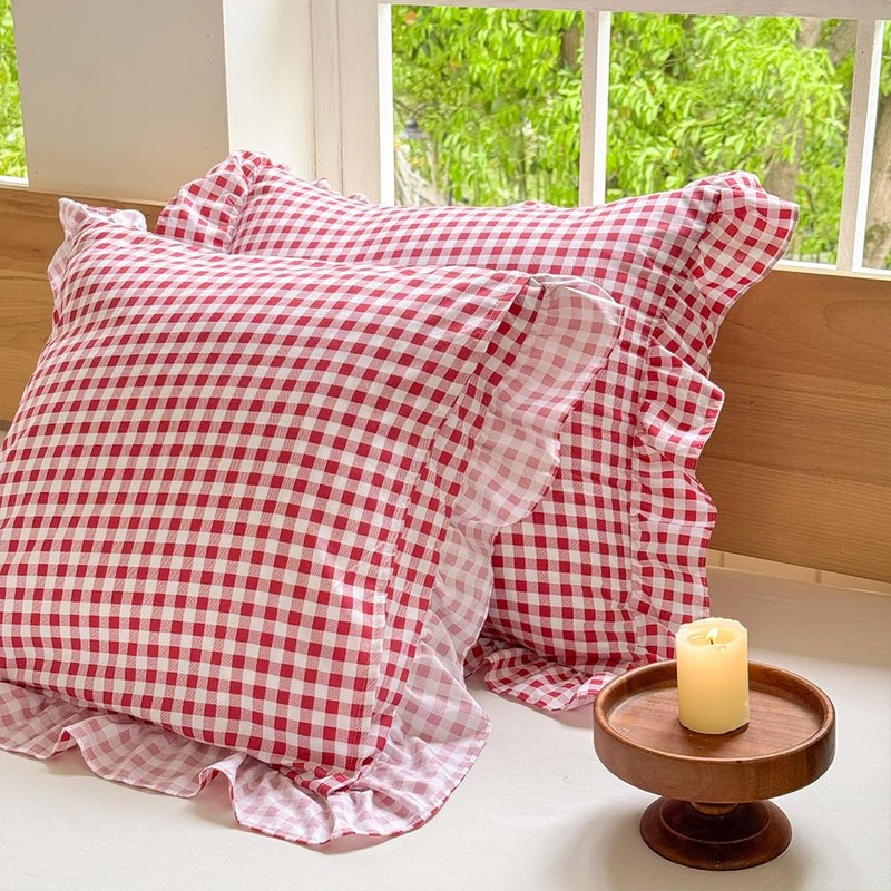 Red Ruffled Plaid Gingham Pillow Shams 20"x20", Set of 2