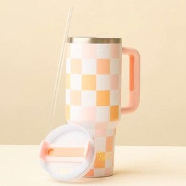The Darling Effect Tumblers with Handle 40 oz Insulated Stainless Steel Reusable Water Bottle Travel Mugs (Peach Checkered), Standard