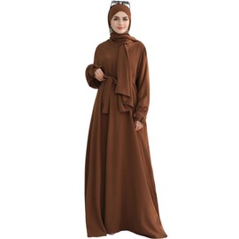 khalat Women Muslim Prayer Abaya Islamic Modest Dress with Hijab Scarf Lace Sleeves Flowing Abaya Dress, coffee, One size fits all