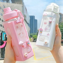 JHTPSLR Large Kawaii Water Bottle with Straw and 3D Stickers Cute Aesthetic Bottle Kawaii Milk Bottle Tea Cup Juice Shaker Portable Silicone (700ml/24oz, White)