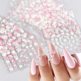 30 Sheets White Flower Nail Art Stickers 3D Pink Daisy Self Adhesive Nail Decals Acrylic Nails DIY Design Nail Stickers Spring Summer Nail Supplies for Women and Girls