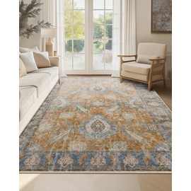 RELEANY Boho 5x7 Area Rugs Machine Washable Carpet Low Pile Non Shedding Doormat Soft Area Rugs for Living Room Bedroom Kitchen Dining Room Entryway Hallway Indoor-Brick/Blue
