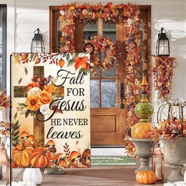 Shuitouk Fall for Jesus He Never Leaves Garden Flag Fall Pumpkin Garden Flags for Outside 12x18 Double Sided 3Ply Polyester Autumn Thanksgiving Garden Flag House Yard Sign Decorations