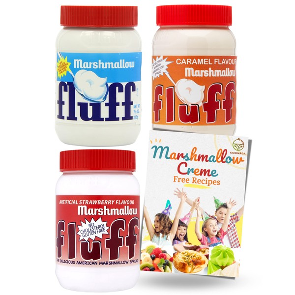 Marshmallow Fluff Original, Caramel and Strawberry Mix Flavour (213 g x 3) with Card Recipe - Marshmallow Spread Delights | Gluten-Free and Ideal for Vegetarians