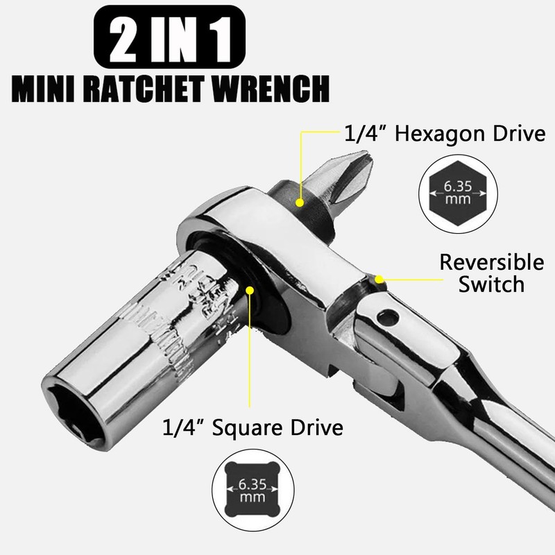 Gasea Mini Ratchet Wrench, 2 in 1 180° Rotating Flex