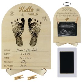 Heartfelt Baby Announcement Sign & Hello World Newborn Sign with Mess-Free Ink Pad for Hand & Footprints, Welcome Plaque & Baby Shower Stand with Premium Wooden Ultrasound Picture Frame Keepsake