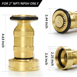 Fire Hose Nozzle 2" NPSH/NPT Fire Fighter Hose Nozzle 100 psi 75 gpm Brass Fire Equipment Spray Jet Fog,Heavy-Duty Industrial Brass Fire Equipment Water Hose Nozzle