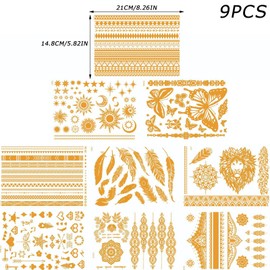 AYNKH 9 temporäre Tattoos für Damen (110+ Designs), Metallic-Glitzer-Tattoos mit Mandala-Motiven, Blumen, Sommersprossen, wasserdicht, lange Haltbarkeit, Festivals, Urlaub, Partys, Körperkunst