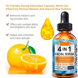 4 in 1 Facial Serum with 10% Hyaluronic Acid, 5% Niacinamide, 30% Vitamin C & 10% Vitamin E, Even Skin Tone Antioxidant Formula Professional Skincare 30ml
