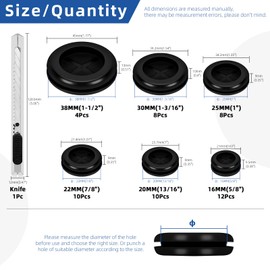 Glarks 53pcs 16/20/22/25/30/38mm Double Sided Rubber Grommet Set, Black Round Rubber Hole Plugs Closed Firewall Hole Plug Rubber Gasket for Wire, Cable Protection