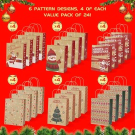 Klean & Nice 24 Pcs Christmas Gift Bags 6 Assorted Kraft Paper Holiday Party Favor Wrapping