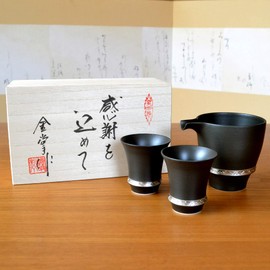 Retirement Celebration Sake Set Tickkkkuri Ochoko Pottery Sake Set, Stylish, Arita Ware, 1 Tokkuri, Set of 2 Guinomi, Oxidized Silver, Gift in a Wooden Box with Appreciation