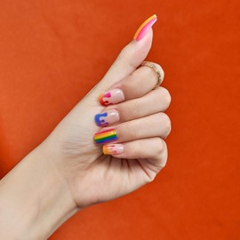 GLAMERMAID Nude Press on Nails Medium Square, Color Paint Fake Nail Gel Fake Nails Short with Rainbow Ombre Design, Glossy Gel Reusable Acrylic Stick Glue on Nails Kit for Women, False Nail Tips Set