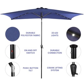 Sun-Ray Rectangular Patio Umbrella 6.6ft by 10ft with 22 Solar Powered LED Lights, Push-Button Tilt and Hand Crank Lift, Solar Umbrella with Solution Dyed Navy Fabric for Porch, Deck, and Patio