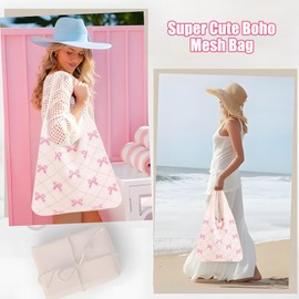 Beach Bags for Women, Crochet Mesh Beach Tote Bag, Boho Women's Knitted Handbags Hollow Woven Shoulder Bags, Summer Holiday Essentials Travel Bag, Reusable Shopping Grocery Bag for Daily Work (Pink)