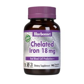 Bluebonnet Nutrition Chelated Iron 18 mg - non-constipating Iron - Soy-Free, Gluten-Free, Non-GMO, Kosher Certified, Dairy-Free, Vegan - 90 Vegetable Capsules, 90 Servings