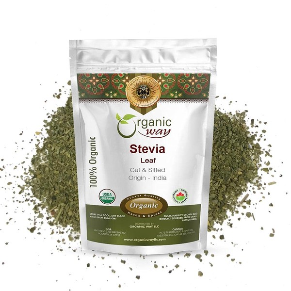 Organic Way - Hoja de stevia cortada y tamizada (Stevia Rebaudiana), orgánica y certificada Kosher | cruda, vegana, sin OMG y sin gluten | Certificado USDA | Origin - India (1 libra/16 onzas)