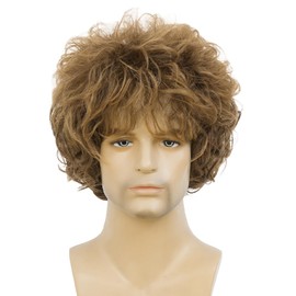 Kaneles Mens Brown Short Afro Wigs 70s 80s Rocker Fluffy Curly Wigs for Men Cosplay Daily Hair Wig