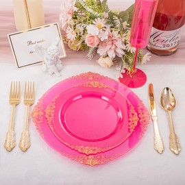 Joyido 125PCS Hot Pink Plastic Plates - Pink Gold Disposable Plates - Hot Pink Party Plate with Gold Plastic Silverware Set for 25 Guests for Weddings Parties Easter Birthday
