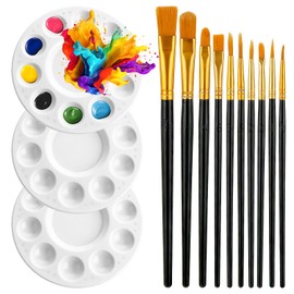 Paint Brushes Palette Set, 10PCS Black Paint Brushes & 3PCS Round Plastic Paint-Palettes, Nylon Hair Paintbrush (Assorted Sizes & Shapes) for Acrylic, Oil, Watercolor, Gouache, Tempera, Body Painting