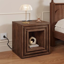 YITAHOME Farmhouse End Table, 2-Tier Square Night Stand with Drawer & Charging Station, Couch Sofa Side Table with Anti Tipping Kits for Living Room, Lounge, Hallway, Rustic Walnut