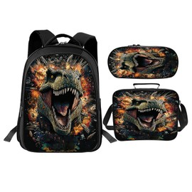 Trimety Dinosaur Backpack Set 3 Piece School Bags and Lunch Box with Pencil Case Black Dino Cool Bookbag Set for Toddler Kids Girls Boys Teens Kindergarten Elementary Middle