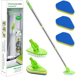 3 in 1 Scrub Cleaning Brush with Long Handle 37'', Floor Scrubber Brush Set with 1 Stiff Bristles and 3 Sponge Brush for Cleaning Bathtub Shower