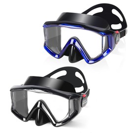 Pano 3-Window Snorkel Mask for Adults, Anti-Fog & Scratch-Resistant PC Lens Scuba Diving Mask, Wide View Swim Goggles with Liquid Silicone Skirt for Freediving, Swimming & Water Sports (Black+Blue)