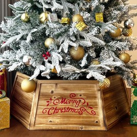 HUTHDAK Wooden Christmas Tree Collar,28.7" Christmas Tree Collar for Artificial Trees, Vintage Hexagon Natural Wood Tree Collar,Farmhouse Burned Rustic Christmas Tree Box Base