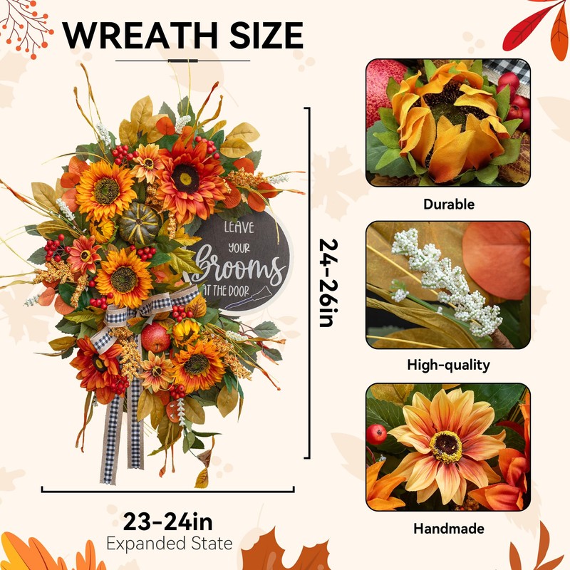 Fall Wreaths for Front Door 24 Inch Outside, Autumn Rustic