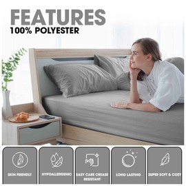 Plain Dyed Microfiber Double Fitted Sheet, Comfy Warm 25 CM Polyester Deep Bed Sheet, Easy Care Corner Elasticated Microfibre Bedding, Grey