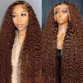 Peenoll Brown Chocolate Jerry Curly Human Hair Lace Frontal Closure Wig Glueless Wigs Human Hair Pre Plucked Pre Cut Lace Closure Glueless Wigs Elastic Band 200% Density
