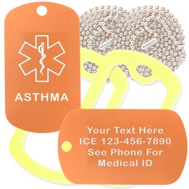 Custom 2 Pack - Asthma Medical Alert ID Necklaces with Copper Custom Tags, Yellow Silencers, and 30'' USA Chains