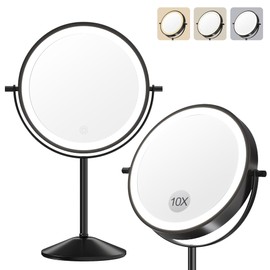 Takywep Lighted Makeup Mirror, 2000 mAh Large Battery, Double-Sided 1x/10x Magnification, 3 Light Color Modes, 360° Rotation, Adjustable Brightness, Women's Makeup Mirror, Black