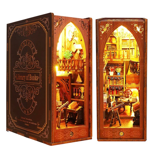 Book Nook Kit, DIY Miniature Dollhouse with LED Lights 3D Wooden Puzzle Bookend for Bookshelf Decor, Tiny Model House for Adults to Build