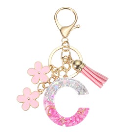 PATIKIL Alphabet Initial Letter Keychain, Resin Cute Keychains with Tassel Flowers Letter C Pendant Charm for Women Key Purse Handbag Bag Accessories, Pink