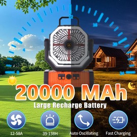 Rechargeable Fan,Operated Camping Battery Powered Fan with Hook&Bright LED Light,Remote Control Timer Auto Oscillation Cordless Outdoor for Power Outage,Picnic,Barbecue,Fishing,Travel,Jobsite,Home