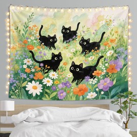 LIANGW Cute Cat Tapestry for Bedroom, Flower Cats Tapestry Anime Tapestry Wall Hanging with, Gifts for Cat Lovers, Cats Wall Art for Bedroom Dorm Office Decor 50x60 Inch