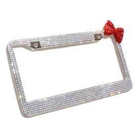 OTOSTAR 7 Row Pure Handmade Waterproof Bling Bling Rhinestones Stainless Steel Metal License Plate Frame with 2 Holes with Matching Screws Caps (White Stones with red Bowknot)