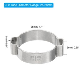 PATIKIL 10 Pack 25-28mm Double Ear Hose Clamp, 304 Stainless Steel O Clip Crimp Rings for Fuel Petrol Pipe Tube Fitting Connections, Silver Tone