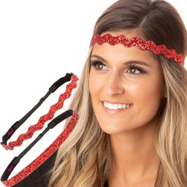 Hipsy REGULAR Size, Adjustable No Slip Sparkly Bling Mixed 2pk Headbands for Women Girls & Teens (Bling Glitter Mixed Red)