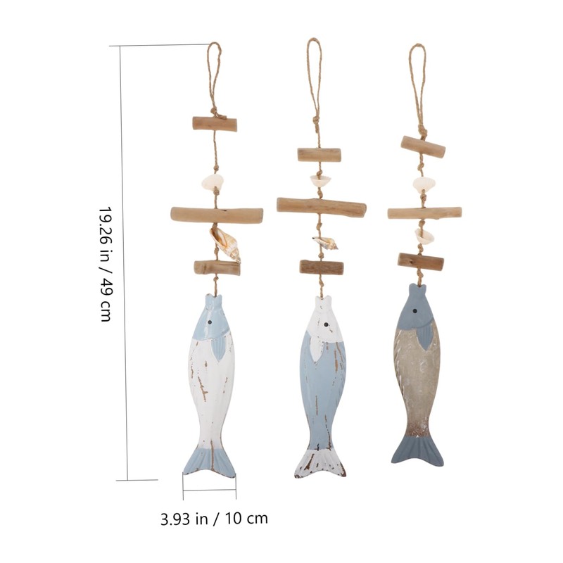 Ciieeo 3Pcs Mediterranean Wood Fish Hanging Pendant Sculpture Nautical Decor