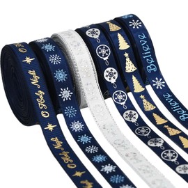 Rophomor Christmas Satin Ribbon Set, 3/8 Inch, 30 Yards Total, 6 Rolls,Blue White Snowflake Christmas Tree Ribbon for Hair Bow Clip Gift Wrapping Crafts Xmas Decoration