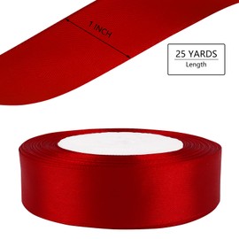 25 Yard True Red Wired Satin Ribbon Roll, 1 Inch Fabric Ribbon for Craft Bows Rose Bouquet, Holiday Gift Wrapping, Party Decoration