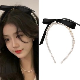 Pearl Bow Headband for Women Pearl Bowknot Hair Band for Girls Ribbon Bow Headbands for Women Costume Hair Accessories for Women Non Slip Headband Hairband for Women's Hair Black Hair Bead Band