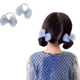 Children's Organza Ribbon, Hair Elastic, Hair Clip, Cute, Won't Damage Hair, Girls, Preschool Entrance Preparation, Birthday Gift, Set of 2 (Blue)