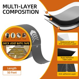 JOAPRIL Joist Tape 3" x 50', 4pack Self-Adhesive Deck Butyl Joists Flashing Tape for Hardwood, Thermal Wood, PVC, Pressure Treated, and Composite Decking